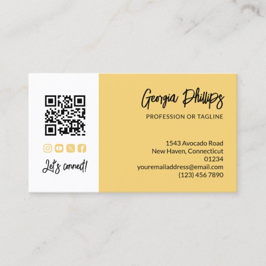 Carte De Visite Soft Yellow QR Code Photo Socialmedia Brush Script (Devant)