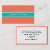 Carte De Visite Solid Coral, Teal Ribbon Nom Monogram (Devant / Derrière)
