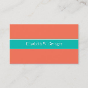 Carte De Visite Solid Coral, Teal Ribbon Nom Monogram