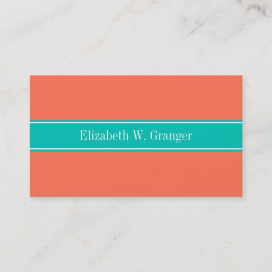 Carte De Visite Solid Coral, Teal Ribbon Nom Monogram (Devant)