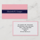 Carte De Visite Solid Pink, Navy Blue Ribbon Nom Monogram (Devant / Derrière)