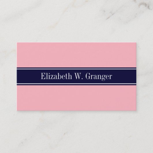Carte De Visite Solid Pink, Navy Blue Ribbon Nom Monogram (Devant)