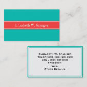 Carte De Visite Solid Teal, Coral Red Ribbon Monogram (Devant / Derrière)