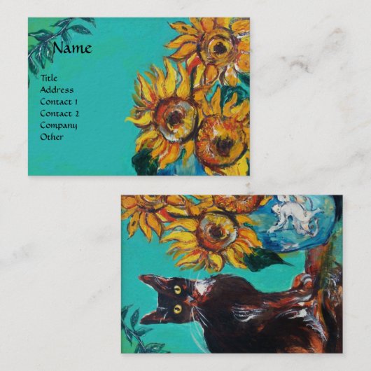 CARTE DE VISITE SOUCHES AVEC CHAT NOIR EN TURQUOISE BLEUE (Devant / Derrière)