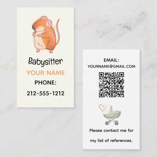 Carte De Visite Souris Doodle Babysitter QR Code (Devant / Derrière)