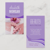 Carte De Visite Spa de manucure élégant à ongles floraux violets (Devant / Derrière)