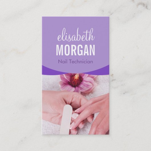Carte De Visite Spa de manucure élégant à ongles floraux violets (Devant)