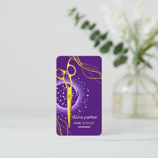 Carte De Visite Spa de salon violet pour ciseaux dorés (Debout devant)