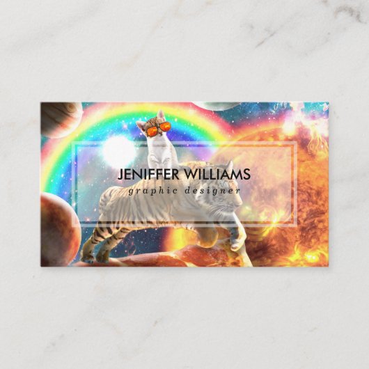 Carte De Visite Space Galaxy Cat Riding Tiger sur Pizza (Devant)