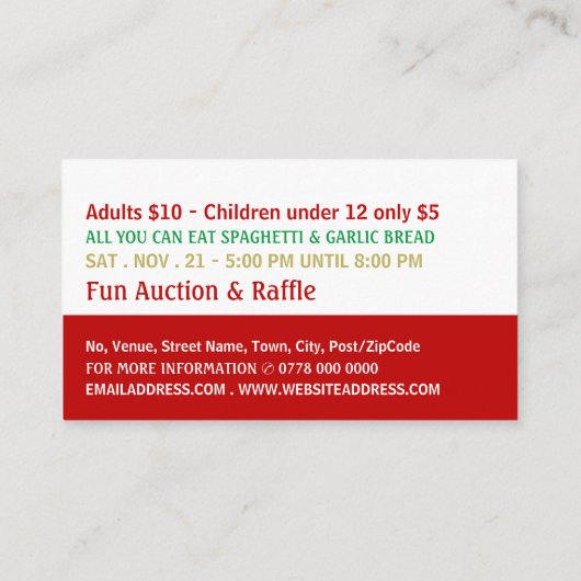 Carte De Visite Spaghetti Dinner Fundraiser Event (Dos)