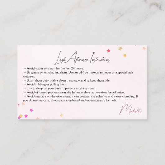 Carte De Visite Sparkly Lashes Instructions de soins postérieurs P (Dos)