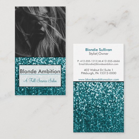 CARTE DE VISITE SPARKLY TURQUOISE|PARTIES SCINTILLANT PHOTO STYLIS (Devant / Derrière)