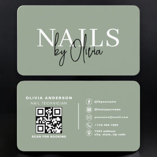 Carte De Visite Spécialiste Ongles Artiste Vert Sauge Code QR