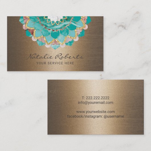 Carte De Visite Spiral Mandala Flower Turquoise & Gold Spa Salon (Devant / Derrière)