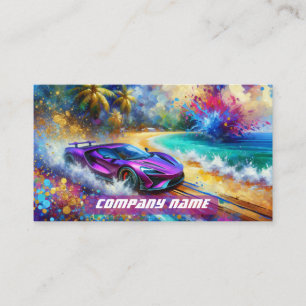 Carte De Visite Sportscar violet vibrant sur une plage tropicale