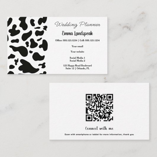 Carte De Visite Spots de vache noirs et blancs, code QR (Devant / Derrière)