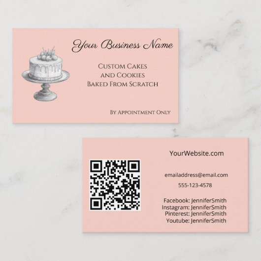 Carte De Visite Stand de gâteau Élégant Boulangerie Pêcher QR Code (Devant / Derrière)