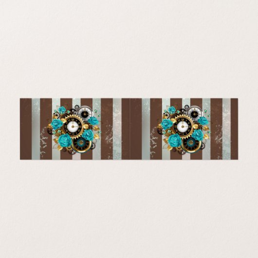 Carte De Visite Steampunk Clock and Turquoise Roses on Striped (Extérieur déplié)