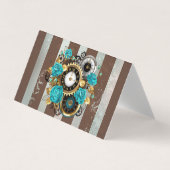 Carte De Visite Steampunk Clock and Turquoise Roses on Striped (Devant)