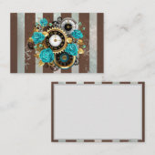 Carte De Visite Steampunk Clock and Turquoise Roses on Striped (Devant / Derrière)