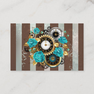Carte De Visite Steampunk Clock and Turquoise Roses on Striped