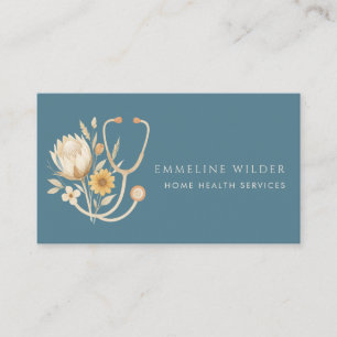 Carte De Visite Stéthoscope floral bleu pour infirmière soignante