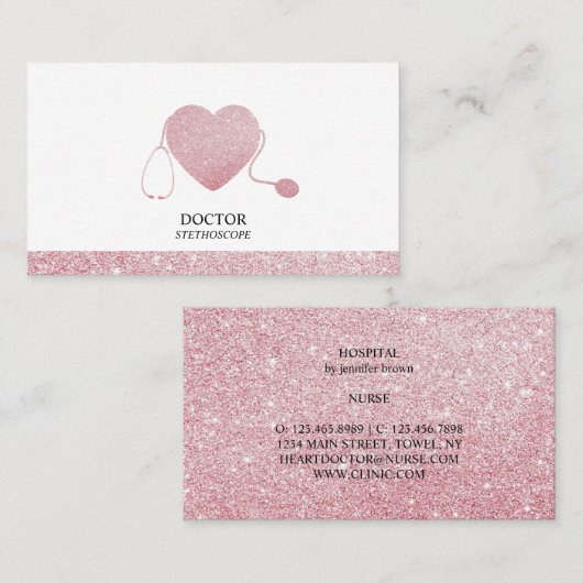 Carte De Visite Stéthoscope Rose Sparkling Docteur Coeur (Devant / Derrière)