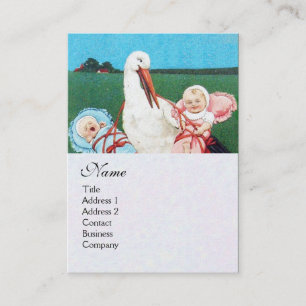 Carte De Visite STORK TWIN BABY SHOWER MONOGRAM, papier perle blan