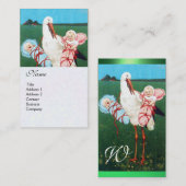 Carte De Visite STORK TWIN BABY SHOWER MONOGRAM, papier perle blan (Devant / Derrière)