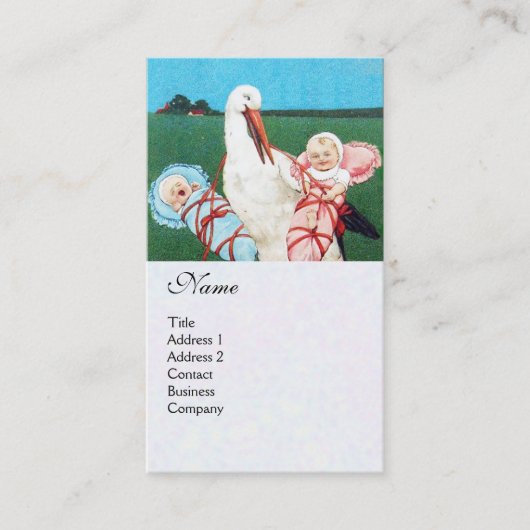 Carte De Visite STORK TWIN BABY SHOWER MONOGRAM, papier perle blan (Devant)