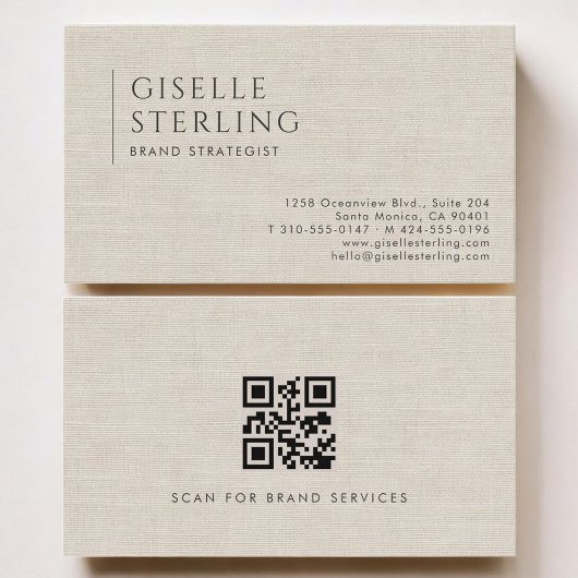 Carte De Visite Stratège de Marque Code QR Luxe Lin Neutre