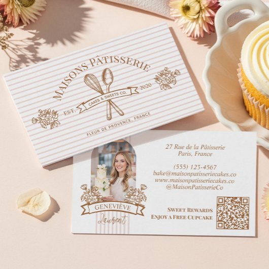Carte De Visite Stripe Floral Whisk Spoon Bakery Cake Designer