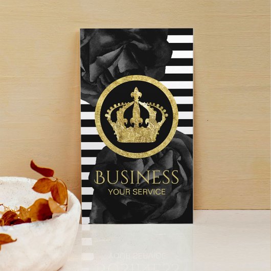 Carte De Visite Stripes modernes Gold Crown Logo Black Floral