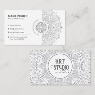 Carte De Visite Studio d'art de mandala élégant blanc Créatif