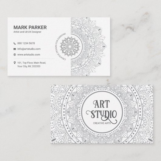 Carte De Visite Studio d'art de mandala élégant blanc Créatif (Devant / Derrière)