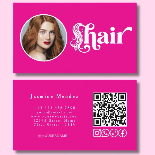 Carte De Visite Studio de coiffure avec code QR photo rose vif