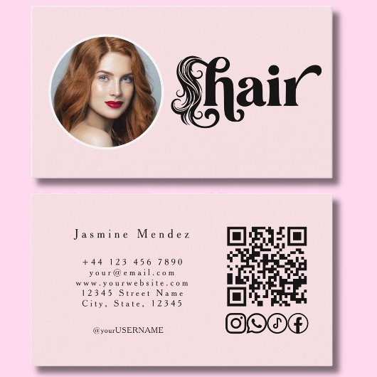 Carte De Visite Studio de coiffure Code QR Photo Rose Pâle