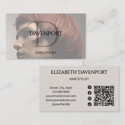 Carte De Visite Studio de coiffure moderne code QR photo monogramm (Devant / Derrière)