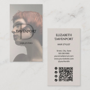 Carte De Visite Studio de coiffure moderne Code QR social photo mo