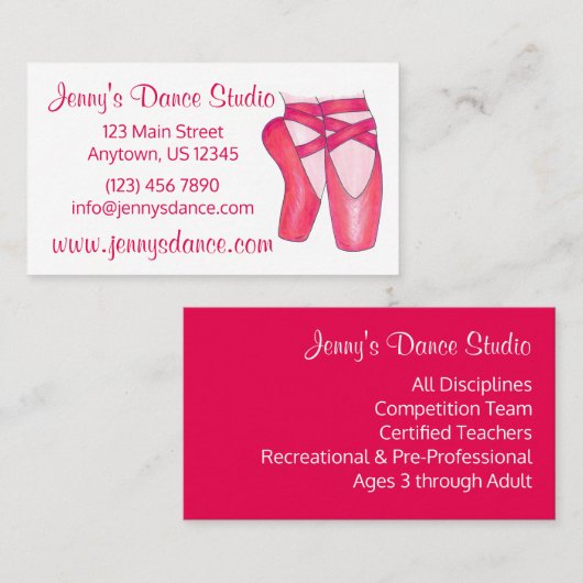 Carte De Visite Studio De Danse Professeur Ballet Rose Pointe Toe  (Devant / Derrière)
