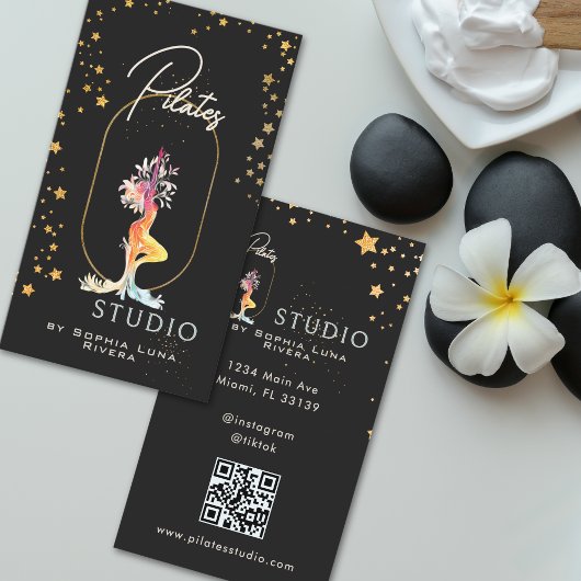 Carte De Visite Studio de Yoga Wellness Étoiles Dorées Code QR Noi