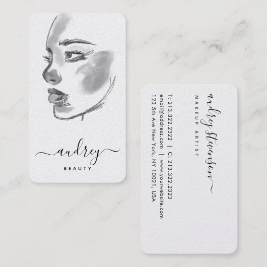 Carte De Visite Style Beauté noir blanc Aquarelle Script (Devant / Derrière)