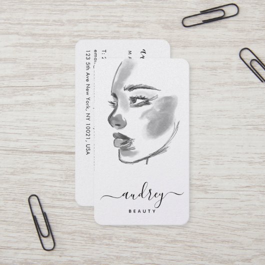 Carte De Visite Style Beauté noir blanc Aquarelle Script (Devant/Arrière en situation)