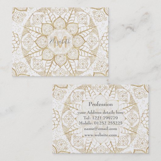 Carte De Visite Style Boho Blanc Or Mandala Floral (Devant / Derrière)