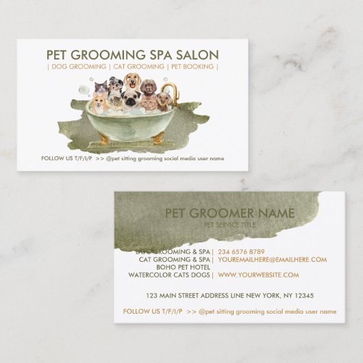 Carte De Visite Style Boho Grooming Animaux Spas Chats Chiens (Devant / Derrière)