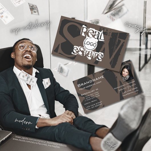 Carte De Visite Style Brown gris blanc avec logo photo Monogramme