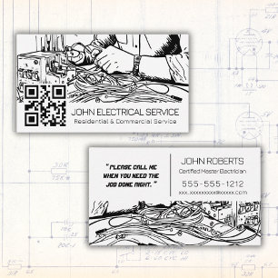 Carte De Visite Style de croquis noir et blanc Electricien avec QR
