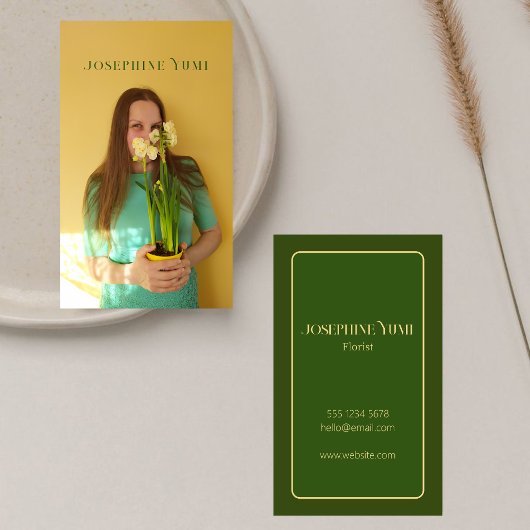 Carte De Visite Stylé Full Vertical Photo Vert & Jaune Script