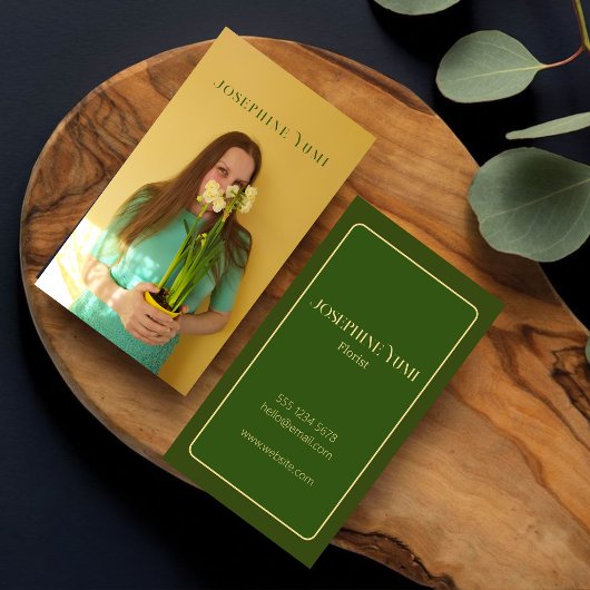 Carte De Visite Stylé Full Vertical Photo Vert & Jaune Script