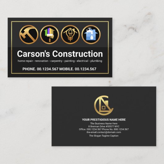 Carte De Visite Style Gold Frontière Construction Manuyman Outils (Devant / Derrière)